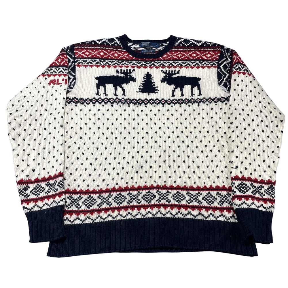 Polo Ralph Lauren Sweater Men Medium White Moose Fair Isle Crewneck Pullover VTG